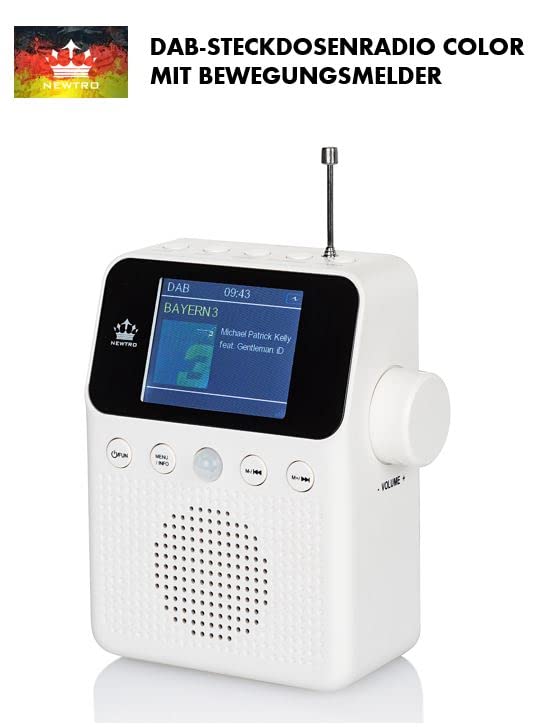 NEWTRO DAB STECKDOSENRADIO Color MIT BEWEGUNGSMELDER INKL. AKKU, portables Radio, ideales Badradio mit automatischer EIN- und Abschaltung, 4farb Display, USB-Ladebuchse, DAB+ Digitalradio, Wecker