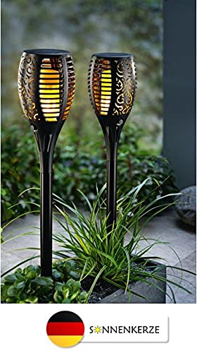 SONNENKERZE SOLAR-GARTENSTECKER FLAME, 2ER-SET SCHWARZ, 3 IN 1 FUNKTION: GARTENFACKEL, HÄNGELEUCHTE, TISCHLEUCHTE MIT LED FLAMMEN-EFFEKTBELEUCHTUNG