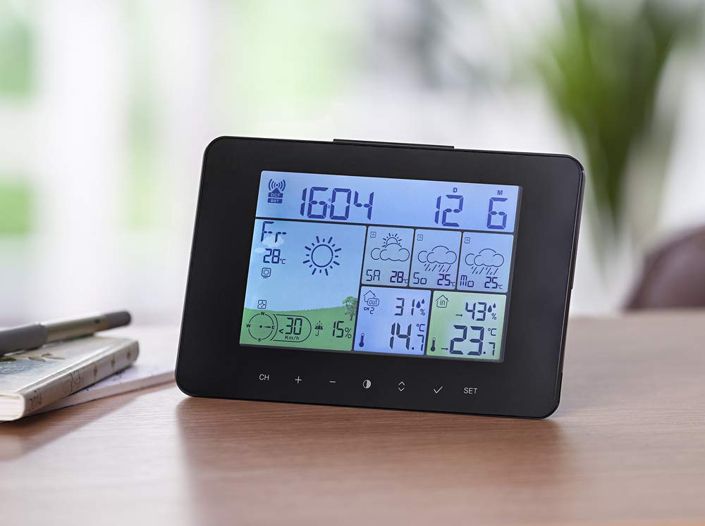 SOUCCESS SATELLITEN-WETTERSTATION Color Funk-Wetterstation mit 4 Tage Vorhersage, satellitengestützt, Außensensor, Thermometer, Luftfeuchte, Funkuhr, Windstärke/richtung, UVM, LCD, Schwarz