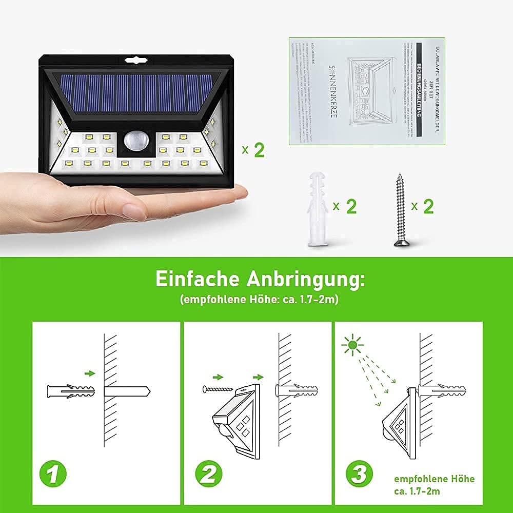SONNENKERZE SOLARLAMPE MIT BEWEGUNGSMELDER, 2ER-SET für Außen, Solar-Wandleuchte mit 3 Leucht-Modi, Außenbeleuchtung, Sicherheitsbeleuchtung, Solarsicherheitslampe, wasserdicht, extra Weitwinkel, IP65
