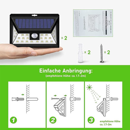 SONNENKERZE SOLARLAMPE MIT BEWEGUNGSMELDER, 2ER-SET für Außen, Solar-Wandleuchte mit 3 Leucht-Modi, Außenbeleuchtung, Sicherheitsbeleuchtung, Solarsicherheitslampe, wasserdicht, extra Weitwinkel, IP65
