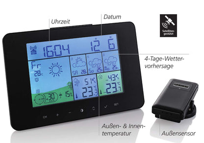 SOUCCESS SATELLITEN-WETTERSTATION Color Funk-Wetterstation mit 4 Tage Vorhersage, satellitengestützt, Außensensor, Thermometer, Luftfeuchte, Funkuhr, Windstärke/richtung, UVM, LCD, Schwarz