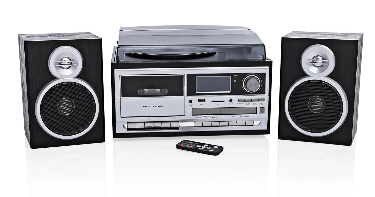 Die NEWTRO Kompaktanlage ist eine vielseitige Musikanlage mit Plattenspieler, DAB+/FM-Radio, Kassettendeck, CD-Player, MP3 & AUX Unterstützung, Musikbox mit Stereo-Lautsprechern und Aufnahmefunktion