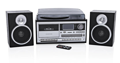 Die NEWTRO Kompaktanlage ist eine vielseitige Musikanlage mit Plattenspieler, DAB+/FM-Radio, Kassettendeck, CD-Player, MP3 & AUX Unterstützung, Musikbox mit Stereo-Lautsprechern und Aufnahmefunktion