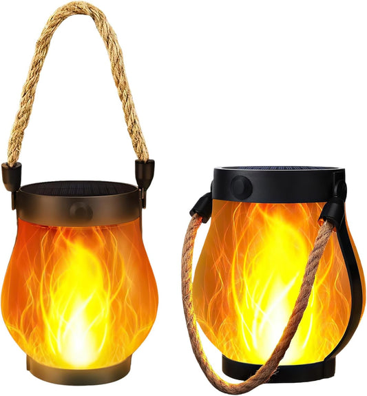 SONNENKERZE Solar Laterne, 2er Set mit Flammeneffekt – LED Solarlampen für Garten, Balkon & Terrasse – USB & Solar Aufladung – IP44 wasserdicht – Outdoor Hängelampe mit warmem Fackellicht