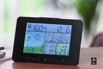 SOUCCESS SATELLITEN-WETTERSTATION Color Funk-Wetterstation mit 4 Tage Vorhersage, satellitengestützt, Außensensor, Thermometer, Luftfeuchte, Funkuhr, Windstärke/richtung, UVM, LCD, Schwarz