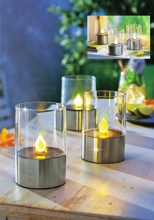 SONNENKERZE SOLAR-TISCHLEUCHTE FLAME, 2ER-SET - SOLARBETRIEBENES lED-TISCHLICHT MIT BERNSTEINFARBENEM FLACKEREFFEKT