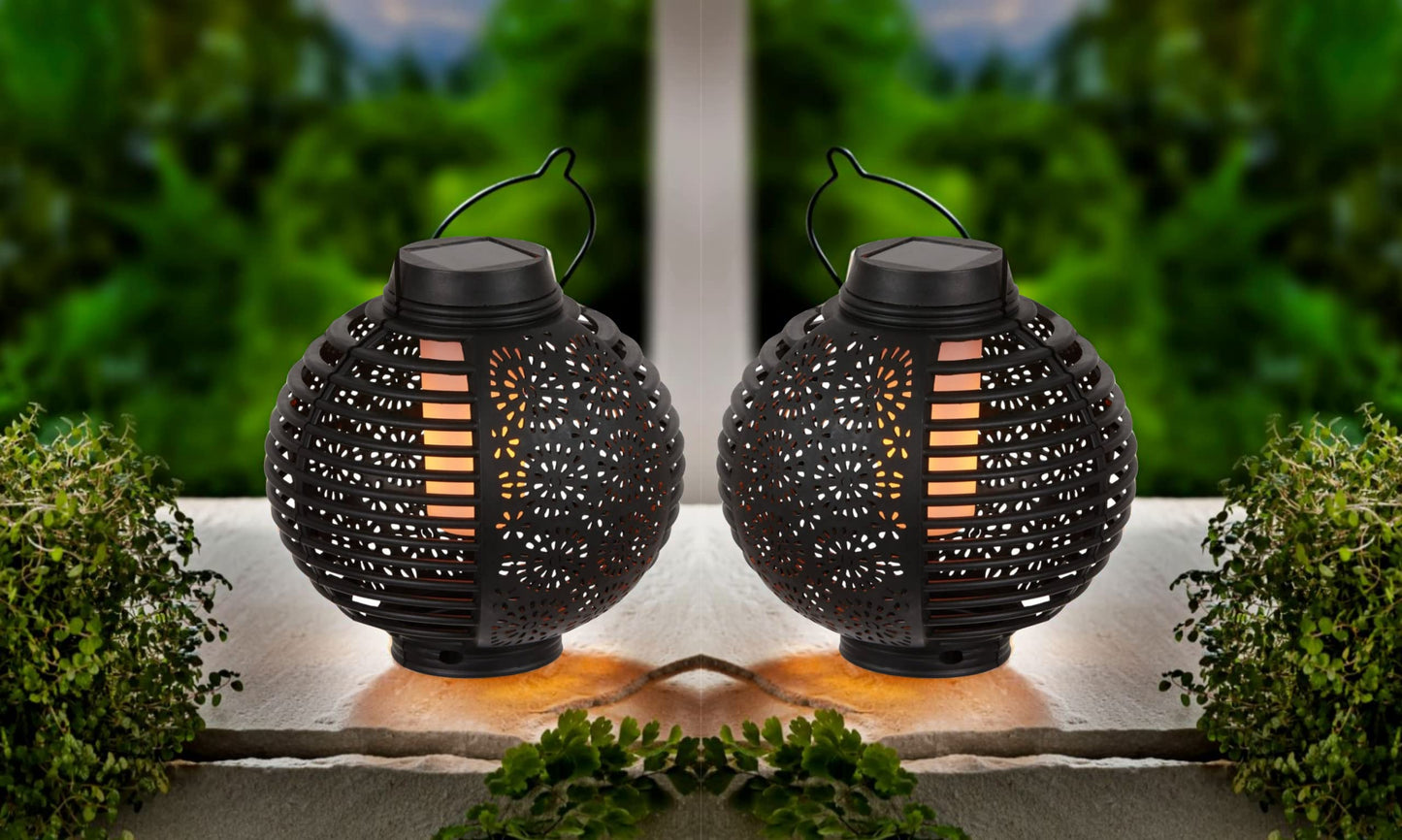 SONNENKERZE SOLAR-LATERNEN "FLAME", 2ER-SET SCHWARZ, 2 IN 1 FUNKTION: HÄNGELEUCHTE, TISCHLEUCHTE MIT LED FLAMMEN-EFFEKTBELEUCHTUNG