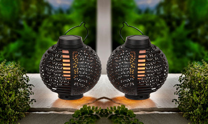 SONNENKERZE SOLAR-LATERNEN "FLAME", 2ER-SET SCHWARZ, 2 IN 1 FUNKTION: HÄNGELEUCHTE, TISCHLEUCHTE MIT LED FLAMMEN-EFFEKTBELEUCHTUNG