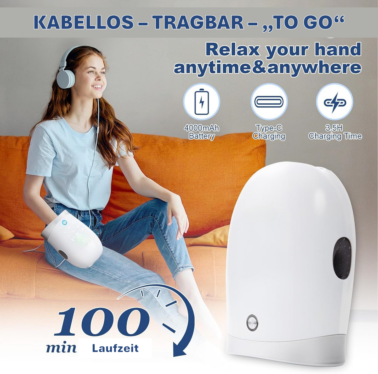 SOUCCESS Handmassagegerät SPA DELUXE Elektrisch Kabellos mit Wärme & Luftkompression – Hand Massager gegen Schmerzen, Arthritis & Verspannungen – Wiederaufladbar, Tragbar, Weiß