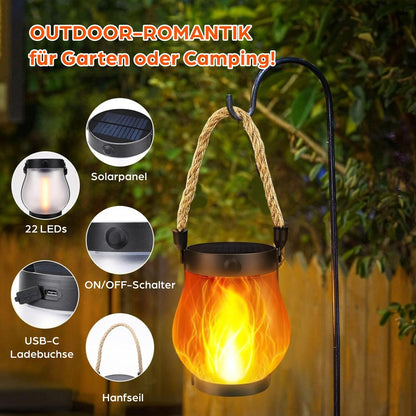 SONNENKERZE Solar Laterne, 2er Set mit Flammeneffekt – LED Solarlampen für Garten, Balkon & Terrasse – USB & Solar Aufladung – IP44 wasserdicht – Outdoor Hängelampe mit warmem Fackellicht