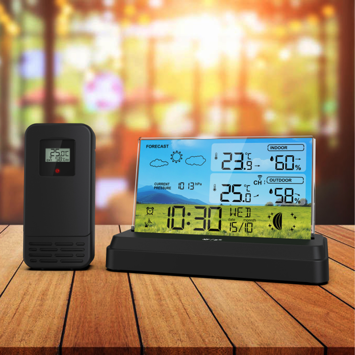 SOUCCESS FUNK-WETTERSTATION "DELUXE NEO" - FARBIGE WETTERSTATION MIT FUNKUHR, WETTERDATEN, AUSSENSENSOR, MONDPHASE, TEMPERATUR, LUFTDRUCK, NETZTEIL