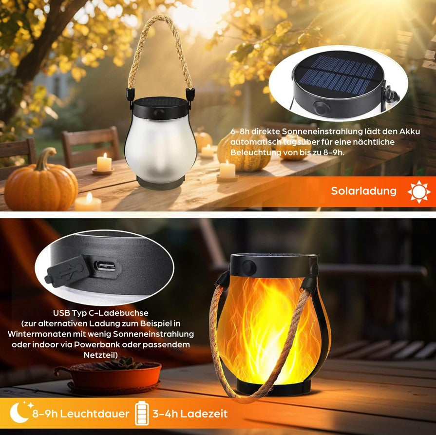 SONNENKERZE Solar Laterne, 2er Set mit Flammeneffekt – LED Solarlampen für Garten, Balkon & Terrasse – USB & Solar Aufladung – IP44 wasserdicht – Outdoor Hängelampe mit warmem Fackellicht