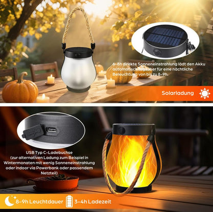 SONNENKERZE Solar Laterne, 2er Set mit Flammeneffekt – LED Solarlampen für Garten, Balkon & Terrasse – USB & Solar Aufladung – IP44 wasserdicht – Outdoor Hängelampe mit warmem Fackellicht