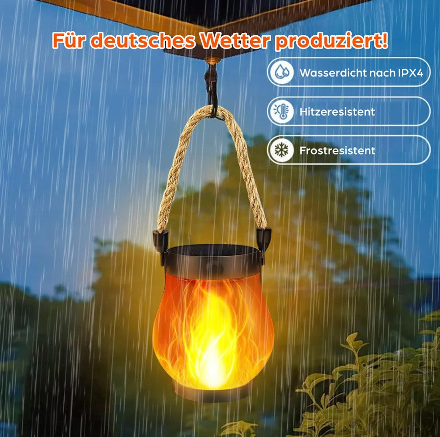 SONNENKERZE Solar Laterne, 2er Set mit Flammeneffekt – LED Solarlampen für Garten, Balkon & Terrasse – USB & Solar Aufladung – IP44 wasserdicht – Outdoor Hängelampe mit warmem Fackellicht