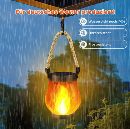 SONNENKERZE Solar Laterne, 2er Set mit Flammeneffekt – LED Solarlampen für Garten, Balkon & Terrasse – USB & Solar Aufladung – IP44 wasserdicht – Outdoor Hängelampe mit warmem Fackellicht