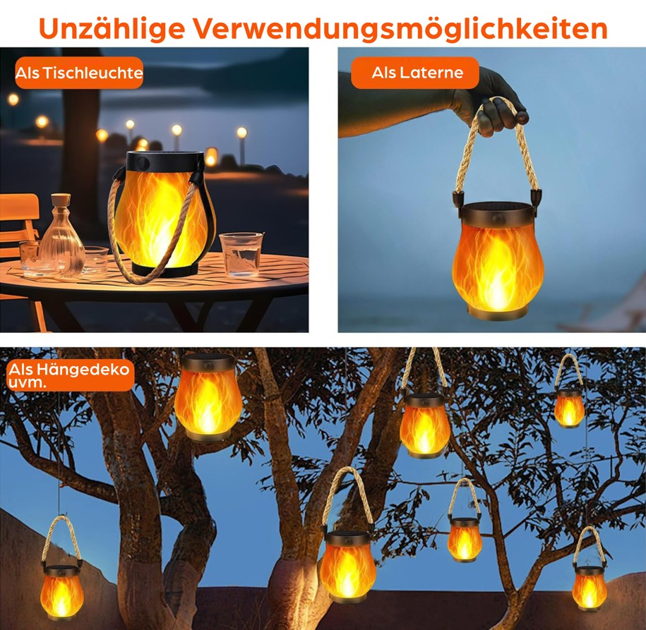 SONNENKERZE Solar Laterne, 2er Set mit Flammeneffekt – LED Solarlampen für Garten, Balkon & Terrasse – USB & Solar Aufladung – IP44 wasserdicht – Outdoor Hängelampe mit warmem Fackellicht