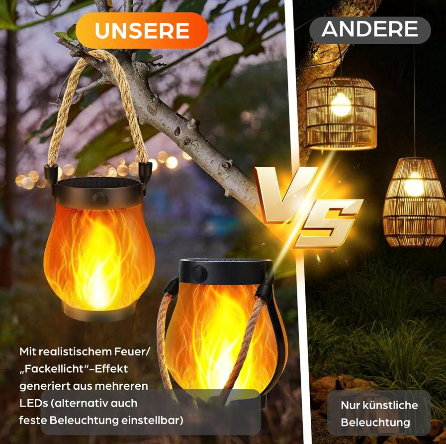 SONNENKERZE Solar Laterne, 2er Set mit Flammeneffekt – LED Solarlampen für Garten, Balkon & Terrasse – USB & Solar Aufladung – IP44 wasserdicht – Outdoor Hängelampe mit warmem Fackellicht