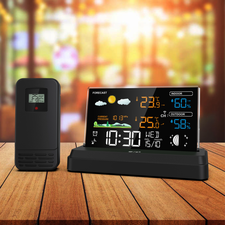 SOUCCESS FUNK-WETTERSTATION "DELUXE" - FARBIGE WETTERSTATION MIT FUNKUHR, WETTERDATEN, AUSSENSENSOR, MONDPHASE, TEMPERATUR, LUFTDRUCK, NETZTEIL