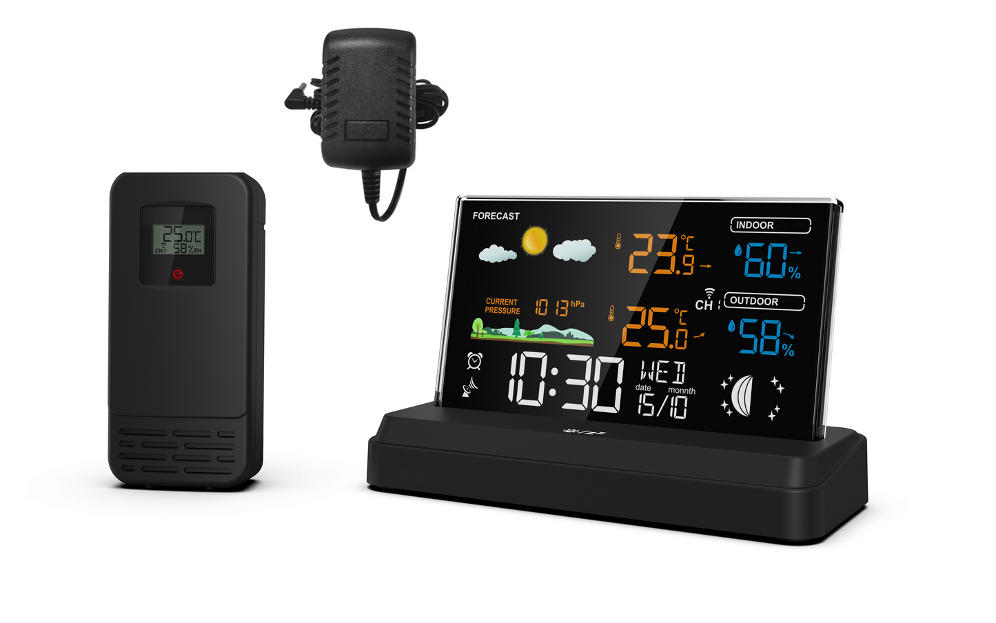 SOUCCESS FUNK-WETTERSTATION "DELUXE" - FARBIGE WETTERSTATION MIT FUNKUHR, WETTERDATEN, AUSSENSENSOR, MONDPHASE, TEMPERATUR, LUFTDRUCK, NETZTEIL