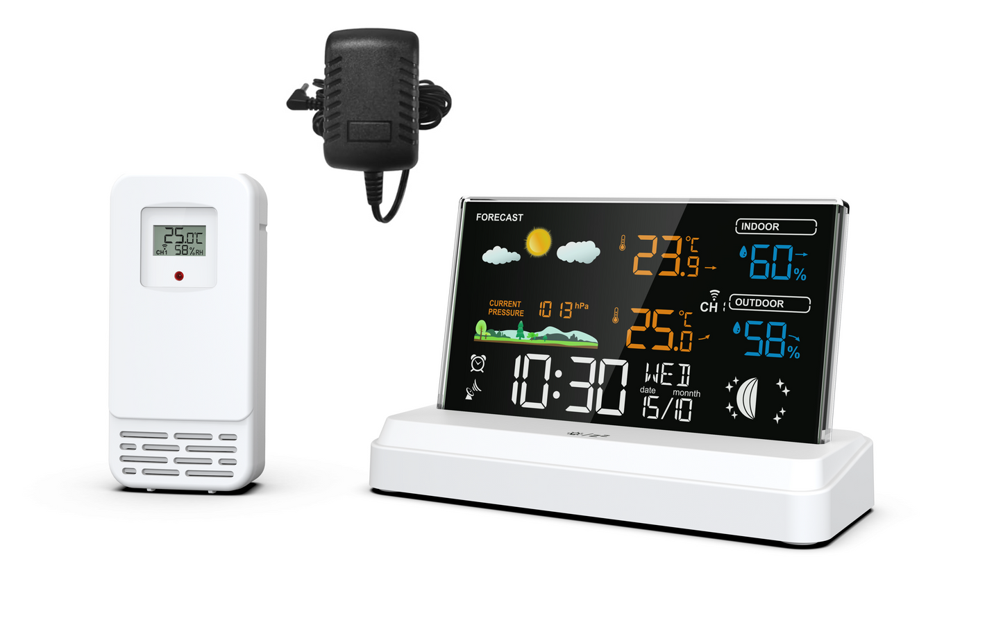 SOUCCESS FUNK-WETTERSTATION "DELUXE" WEISS - FARBIGE WETTERSTATION MIT FUNKUHR, WETTERDATEN, AUSSENSENSOR, MONDPHASE, TEMPERATUR, LUFTDRUCK, NETZTEIL