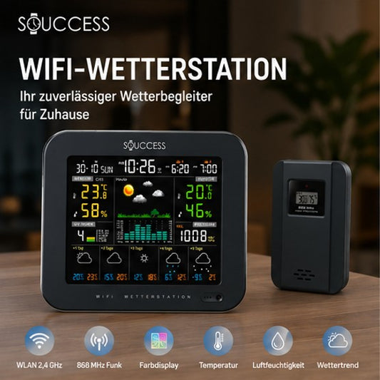 SOUCCESS Smarte Wetterstation Deluxe mit Außensensor – WiFi Funkwetterstation mit Tuya Smart Life App, 5-Tage-Wettervorhersage, Farbdisplay, Temperatur, Luftfeuchtigkeit, Luftdruck & 868 MHz Sensor