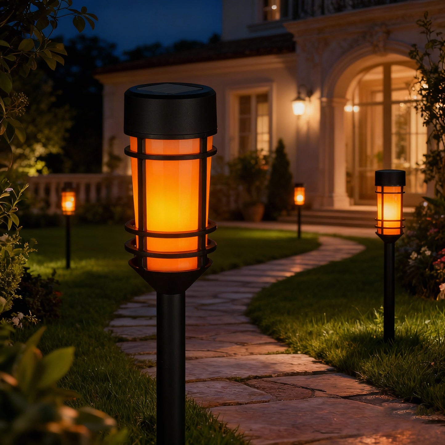 SONNENKERZE Solar Gartenleuchten „Flame“ 4er Set – LED Flammenlicht Effekt – Solarleuchte Außen wasserdicht – Gartenbeleuchtung ohne Strom – automatische Dämmerungsschaltung