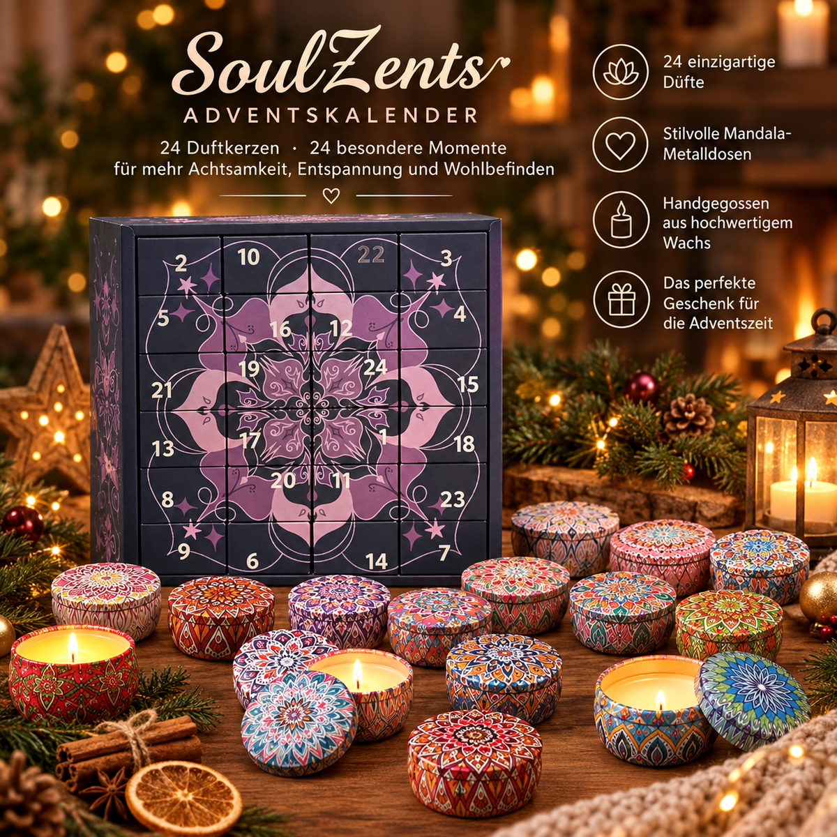 ADVENTSKALENDER "SOULZENTS" MIT 24 DUFTKERZEN - der Weihnachts-Countdown mit 24 Duftkerzen in Mandala-Dosen
