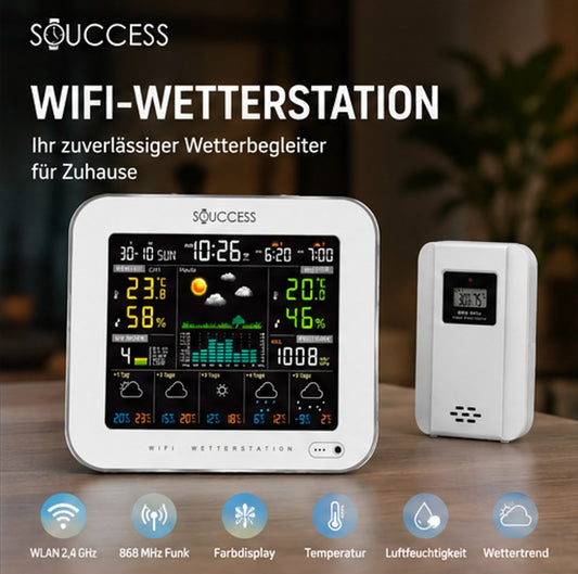SOUCCESS Smarte Wetterstation Deluxe mit Außensensor weiß – WiFi Funkwetterstation mit Tuya Smart Life App, 5-Tage-Wettervorhersage, Farbdisplay, Temperatur, Luftfeuchtigkeit, Luftdruck & 868 MHz Sensor