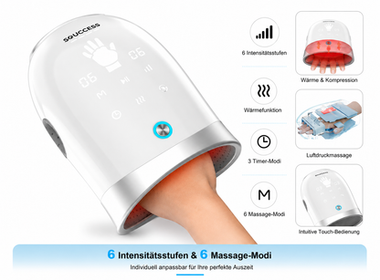 SOUCCESS Handmassagegerät SPA DELUXE Elektrisch Kabellos mit Wärme & Luftkompression – Hand Massager gegen Schmerzen, Arthritis & Verspannungen – Wiederaufladbar, Tragbar, Weiß
