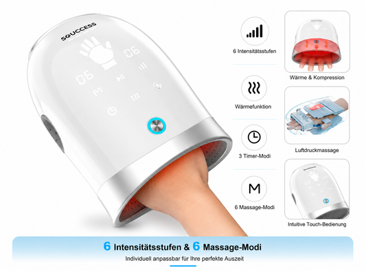 SOUCCESS Handmassagegerät SPA DELUXE Elektrisch Kabellos mit Wärme & Luftkompression – Hand Massager gegen Schmerzen, Arthritis & Verspannungen – Wiederaufladbar, Tragbar, Weiß