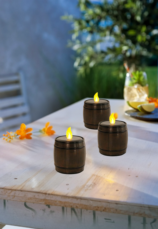 SONNENKERZE Solar Tischleuchte Fass 2er Set – LED Solarkerze Outdoor mit Flackerlicht – Warmweiß, Dämmerungssensor, Wasserdicht IP44 – Garten, Balkon & Tischdeko