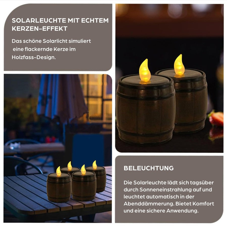 SONNENKERZE Solar Tischleuchte Fass 2er Set – LED Solarkerze Outdoor mit Flackerlicht – Warmweiß, Dämmerungssensor, Wasserdicht IP44 – Garten, Balkon & Tischdeko