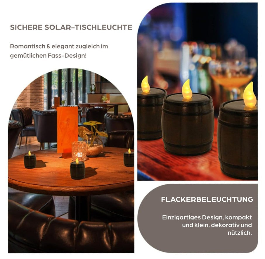 SONNENKERZE Solar Tischleuchte Fass 2er Set – LED Solarkerze Outdoor mit Flackerlicht – Warmweiß, Dämmerungssensor, Wasserdicht IP44 – Garten, Balkon & Tischdeko